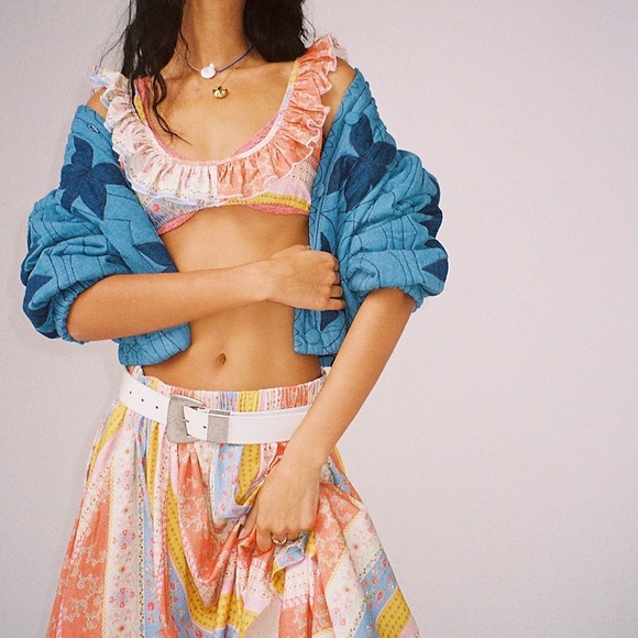 Free People Dresses & Skirts - Free people coral lavender yellow floral patchwork midi skirt bralette set large